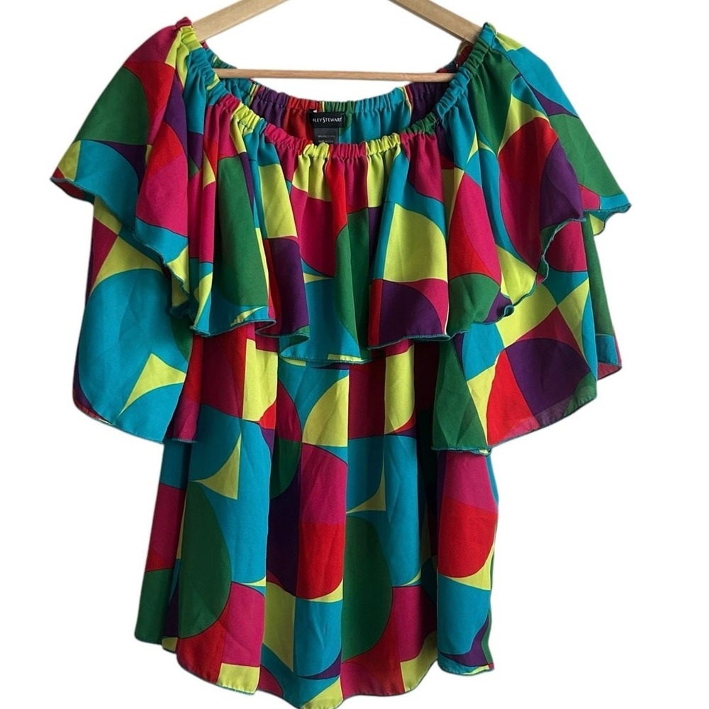 Ashley Stewart Women Retro Boho Ruffle Top 22/24 Multi Geometric Off Shoulder